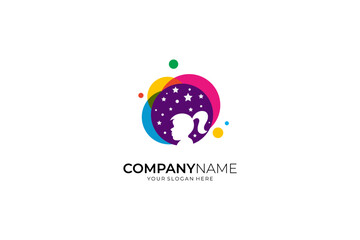 Little girl child logo design reaching to the star. Emblem, Colorful, Creative Symbol.