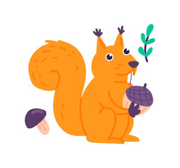Cute squirrel holding acorn, forest animal at camping journey. Illustration in cartoon sticker design