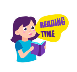Happy woman holding and reading book for pleasure and education. Illustration in cartoon sticker design