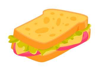 Sandwich with cheese, lettuce and other. Fast food and takeaway. Illustration in cartoon sticker design
