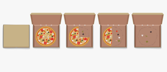 Set of pizza slices and whole shrimp pizza of box. 