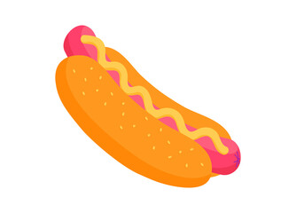 Hot dog with sausage and ketchup in bun. Fast food and takeaway. Illustration in cartoon sticker design