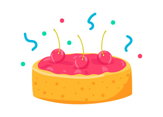 Sweet cherry pie with berries on top. Desserts and pastry. Illustration in cartoon sticker design