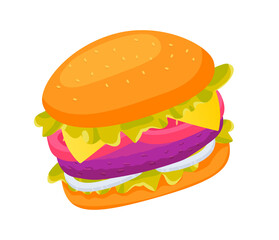 Burger with delicious fillings. Fast food and takeaway. Illustration in cartoon sticker design