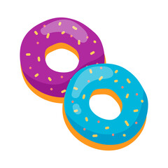 Donuts with icing and sweet sprinkles. Desserts and pastry. Illustration in cartoon sticker design