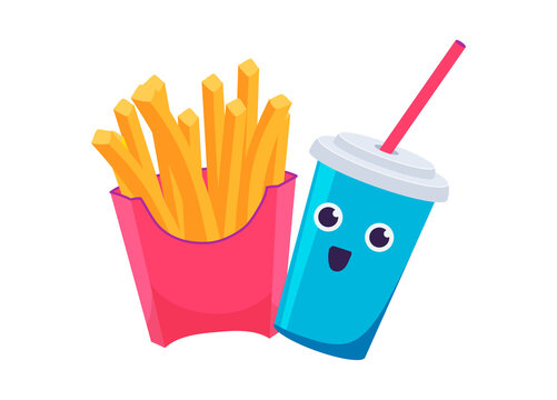French fries and soda in cup with cute face. Fast food and takeaway. Illustration in cartoon sticker design