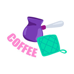 Obraz premium Kitchen potholder and making coffee in cezve. Cozy home elements. Illustration in cartoon sticker design