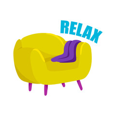 Comfort chair for relax and warm blanket. Cozy home elements. Illustration in cartoon sticker design
