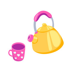 Teapot and cute cup for tea or coffee. Cozy home elements. Illustration in cartoon sticker design