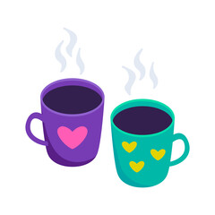 Two cute cups with steaming hot tea or coffee. Cozy home elements. Illustration in cartoon sticker design