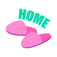 Lovely pink slippers, comfort indoor shoes. Cozy home elements. Illustration in cartoon sticker design