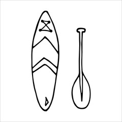 Sup surfing equipment set doodle style vector illustration isolated on white