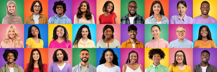 Various Happy Men And Women Of Different Ethnicity Posing On Colourful Backgrounds
