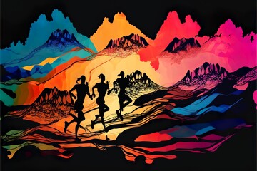 Fototapeta premium Dynamic marathon runners silhouette running in the mountains with big colorful abstract hill silhouette background