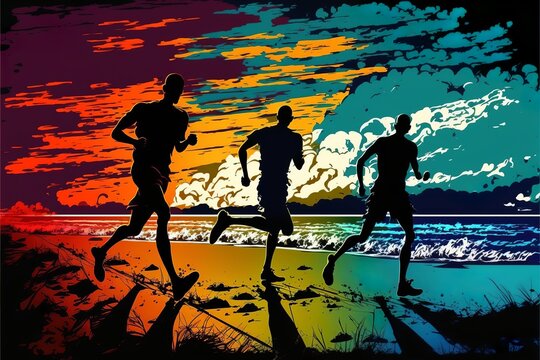Dynamic marathon runner man silhouette running on a beach with sea, cloud and sunset silhouette colorful background
