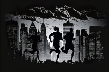 Dynamic marathon runners silhouette running in a cloudy stormy big city silhouette background with skyscrapers and with a greyscale filter