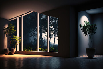 Fototapeta premium Eco-Chic Living: A Room with Artificial Light and Sustainable Furnishings during the Night. Generative AI.