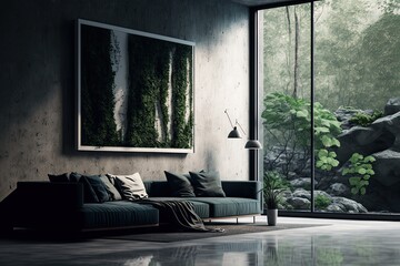 Eco-Modern Nature Retreat: A modern Living Room with Large Windows and nature decor. Generative AI