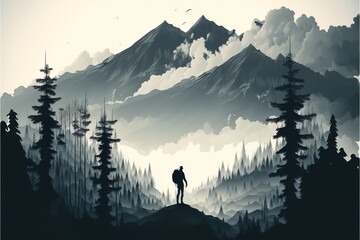 Peaceful hiker silhouette surrounded by pine trees in the mountains watching a snow-covered high central peak mountain with clouds silhouette