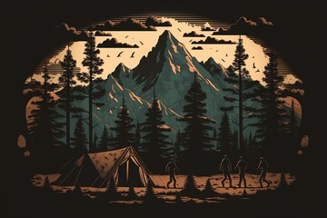 Peaceful hiker silhouette surrounded by pine trees in the mountains putting up tents in front of a snow-covered high central peak mountain silhouette, with black frame