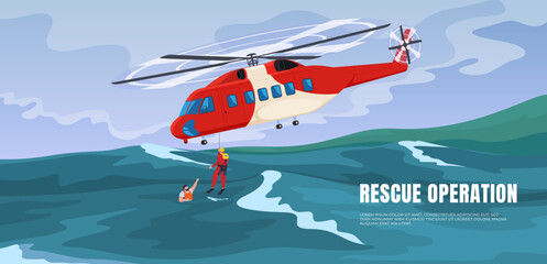 Rescue helicopter in the sea with a group of rescuers. Rescue and search for victims at sea during a storm. Vector illustration © Igor