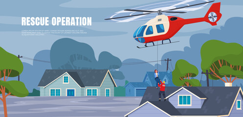 A rescue helicopter in a flooded city with a group of rescuers. Rescue and search for victims of a flooded village. Vector illustration © Igor