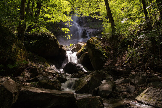 Beautiful Halit waterfall in the forest. Shemakha. Azerbaijan.