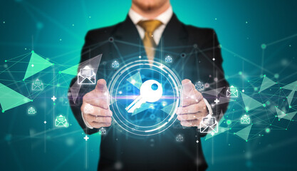 Businessman holdig business icons concept