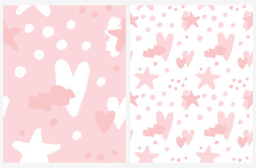 Romantic Seamless Vector Pattern with Hand Drawn Hearts and Stars Isolated on a White and Light Pink Background.Simple Doodle Irregular Background with Freehand Hearts ideal for Fabric,Wrapping Paper.