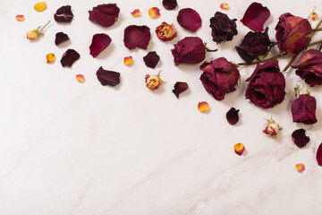 dried red  roses on marble background