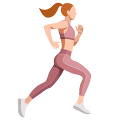 vector illustration of a beautiful slender girl in a sports uniform (leggings and a sports bra) is engaged in fitness, sports, trains isolated on a white background. woman runs. morning run. jogging.