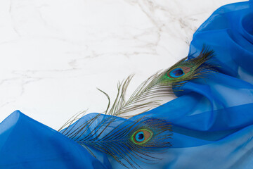 two peacocks feather on blue cloth and white marble