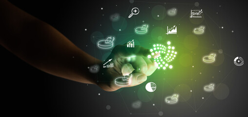 Businessman finger touching on screen multimedia interface with hand drawn currency icons