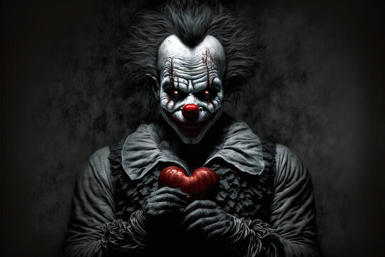 Creepy valentines day clown with a red heart balloon, horror dark background, a fictional person, Generative AI