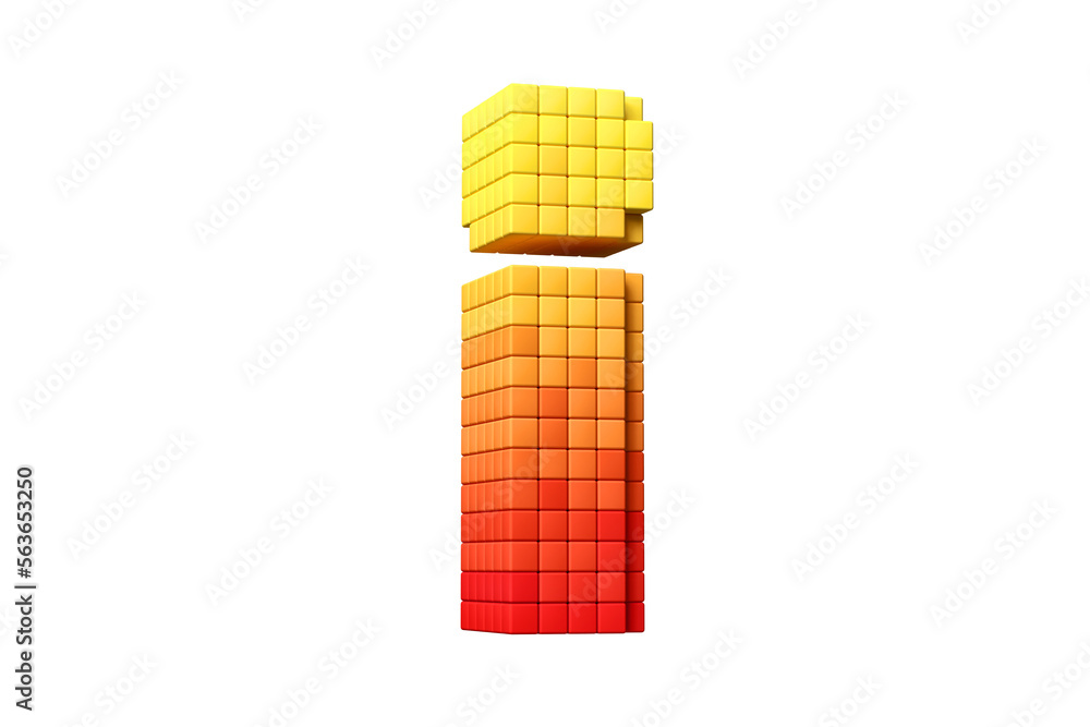 Poster pixel art style exclamation mark in yellow and orange. 3d rendering high contrast retro futuristic c