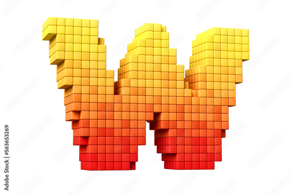 Aufkleber pixel art display typeface letter w in yellow to orange color scheme. high quality 3d rendering.