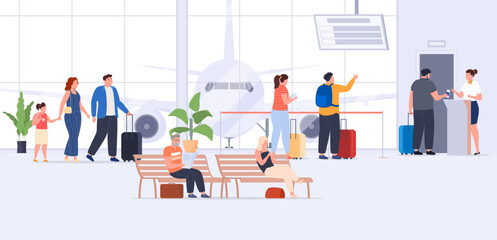 Naklejka na ściany i meble People in the airport terminal are checking in for the plane. Waiting area, baggage reception, document check. Vector illustration