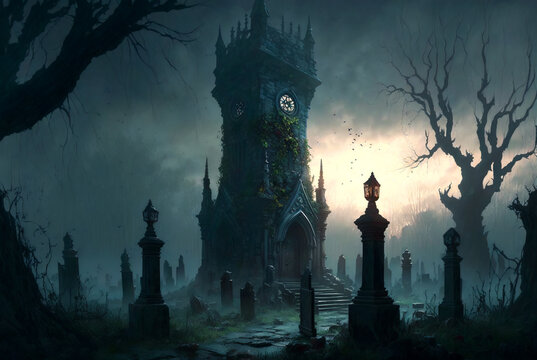 Graveyard tower in the fog AI generative