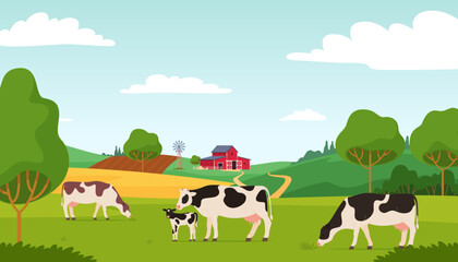 Various village farm animals. Domesticated cattle graze in a field on a farm background. Vector illustration © Igor