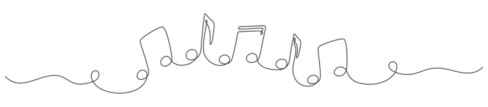 Music notes continuous one line drawing. Vector isolated on white.