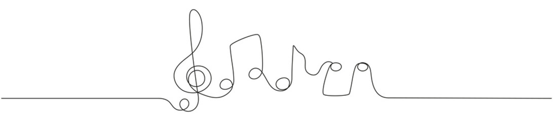 Music notes continuous one line drawing. Vector isolated on white.