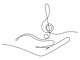 Hand holds music note continuous one line drawing. Treble clef linear element. Vector isolated on white.