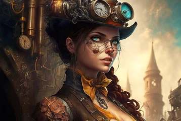 Fototapete Bestsellern Sammlungen A portrait of an attractive steampunk style woman in the town. Created with Generative AI, no one recognisable. Not a real person.