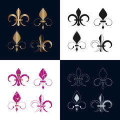 Fleur De Lis icons collection Royal french heraldic symbol Different types Gold, black, light blue, grunge textured, metallic, outline decorative design element Vector illustration Isolated - obrazy, fototapety, plakaty