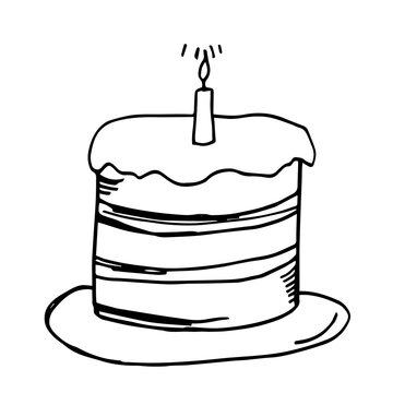 Single hand drawn cake with candle. Isolated on white background. Doodle vector illustration.