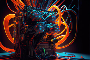 The mountain of the machine made of  intricate wires and glowing tubes with complex mechanisms.