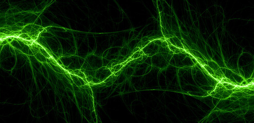 Green fractal lightning background, electrical abstract
