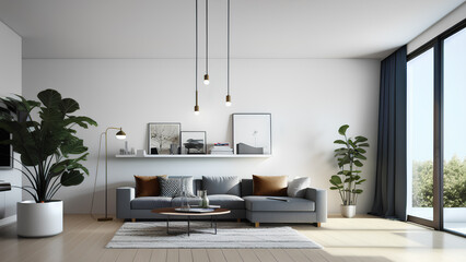 Living room interior with grey sofa, table, plant and posters on wall. Moderm apartment. Generative AI