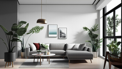 Spacious living room with grey corner sofa and mockup postres frame on wall. Generative AI - obrazy, fototapety, plakaty
