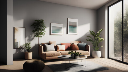 Fototapeta premium Living room furniture in modern interior with poster, sofa and table. Generative AI